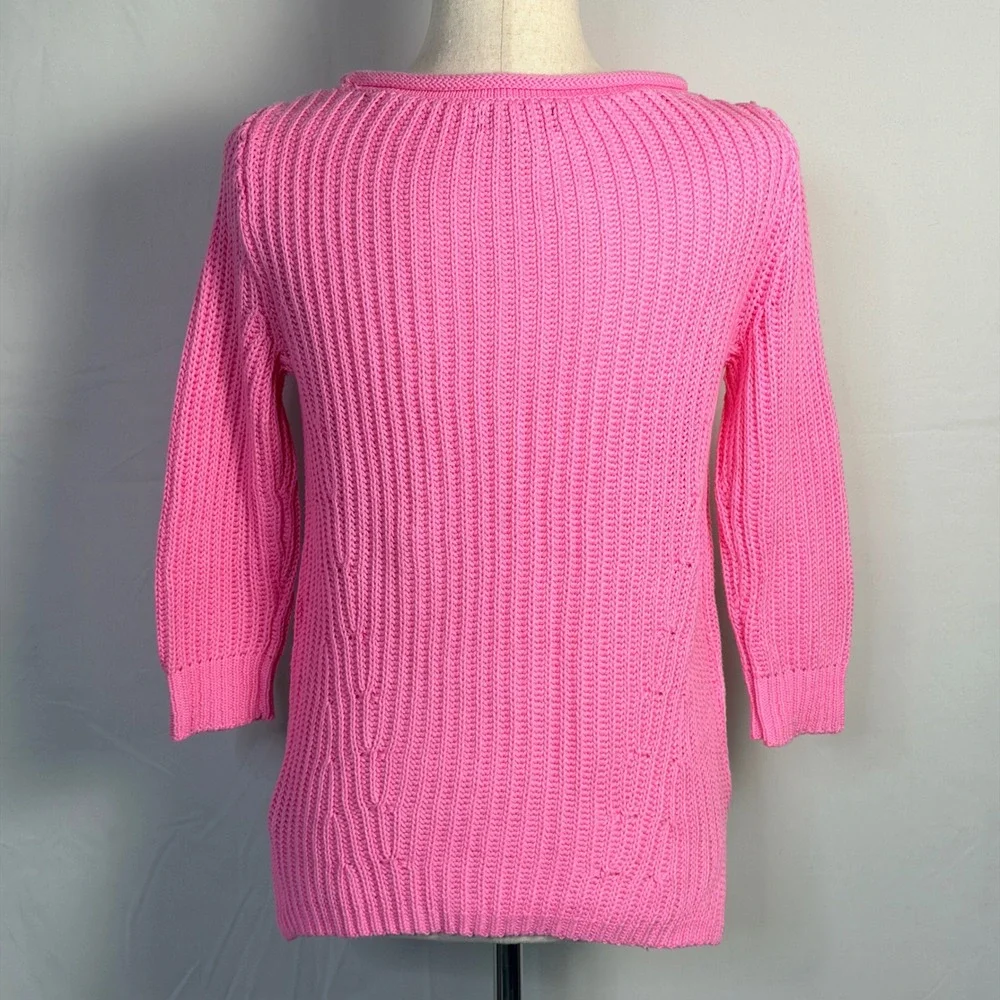Lauren Ralph Lauren Hot Pink Ribbed Cotton Knit Sweater 3/4 Sleeve Small